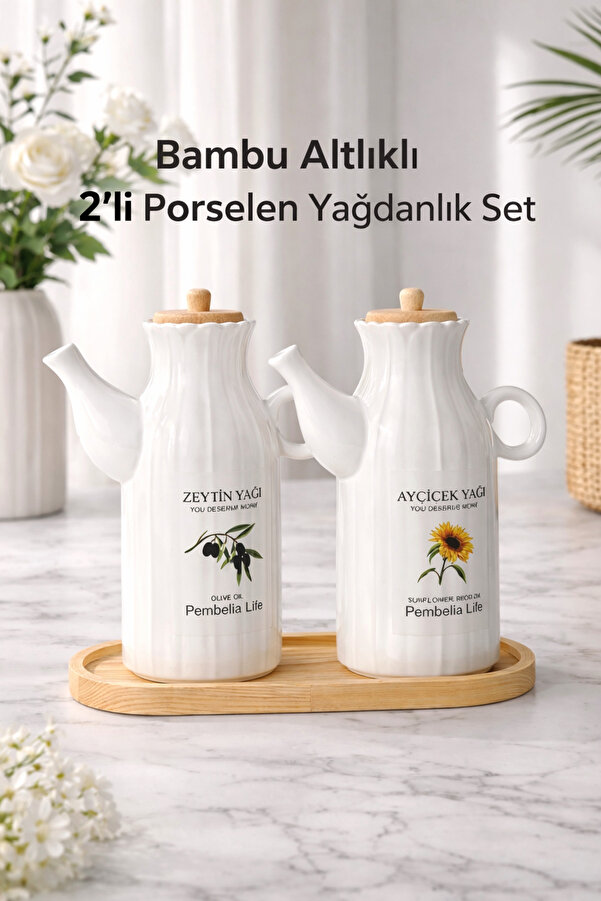 2 pcs 1 L Porcelain Yagdanlik and Bamboo Altlik Seti_Yaglik Sirkelik Her Biri 1000ml