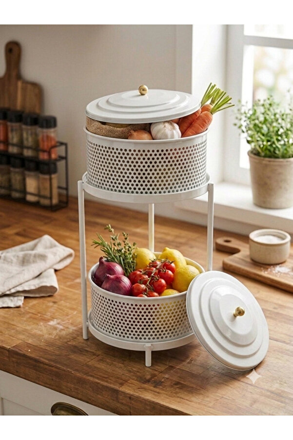 Lidded 2 Multi-Compartment Metal Vegetable Rack Potato Onion Storage Basket | White
