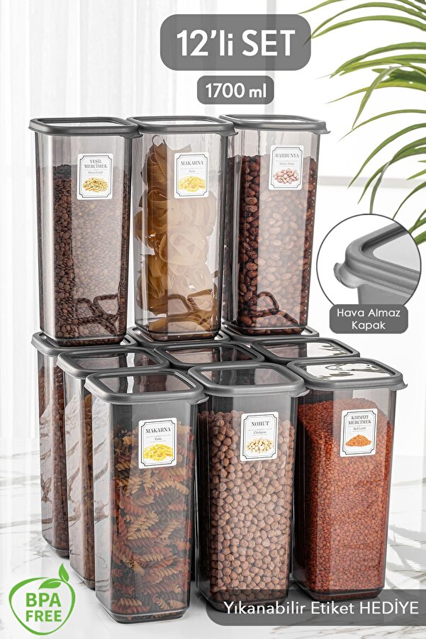 12-Piece Jumbo Boy Elisa Labeled Lidded Square Pantry Storage Container Anthracite 12 X 1.70 L Bakliyat Container