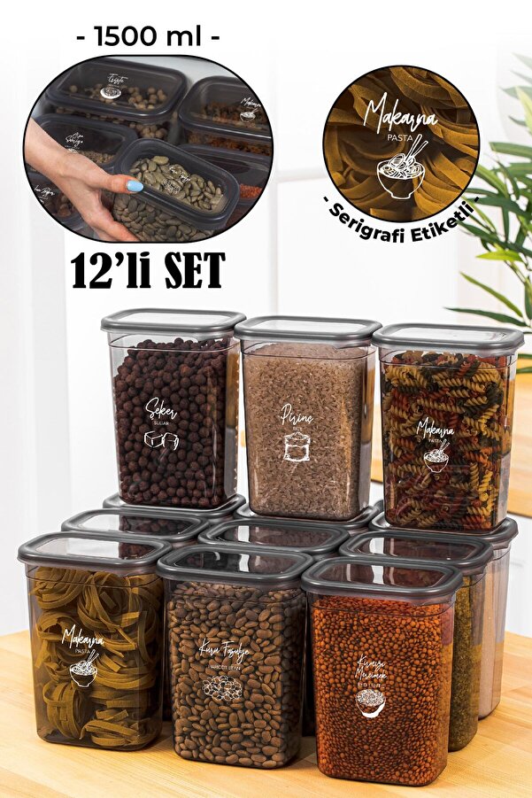 White Serigrafi Labeled 12li Peggy Rectangle Storage Container Set 1500 ml Anthracite
