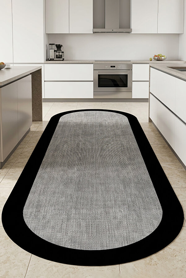 Digital Non-Slip Gray Jut Gorunumlu Oval Black Cerceveli Kitchen Rug Salon Rug Rug Runner
