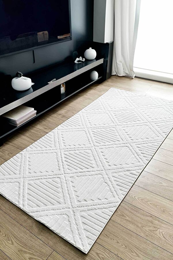 Hilda Scandinavian Dokuma Bukleli Premium White Puffy Pelus Runner Koridor Rug Salon Rug