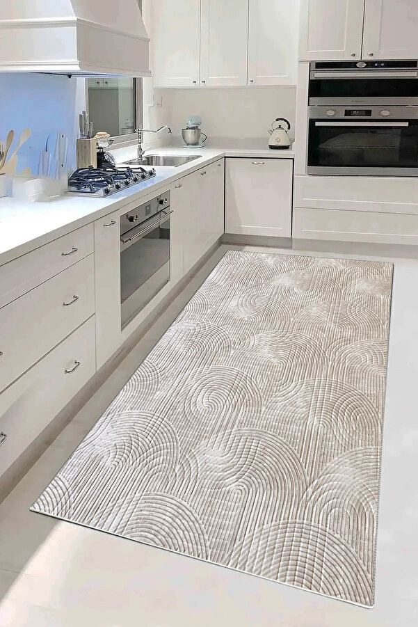 Washable Stain Resistant Non-Slip Tabanli Cutting Kabartmali Salon Koridor Kitchen Rug BEJ
