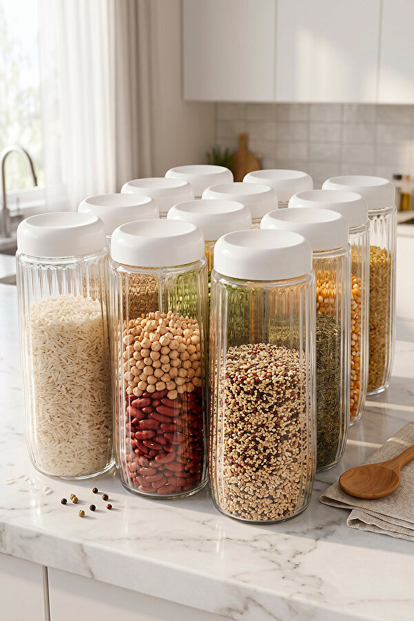 12’li White Lidded Long Glass Storage Container Set 1500 ml –Bakliyat/Pasta/Un-Seker Storage Container Set