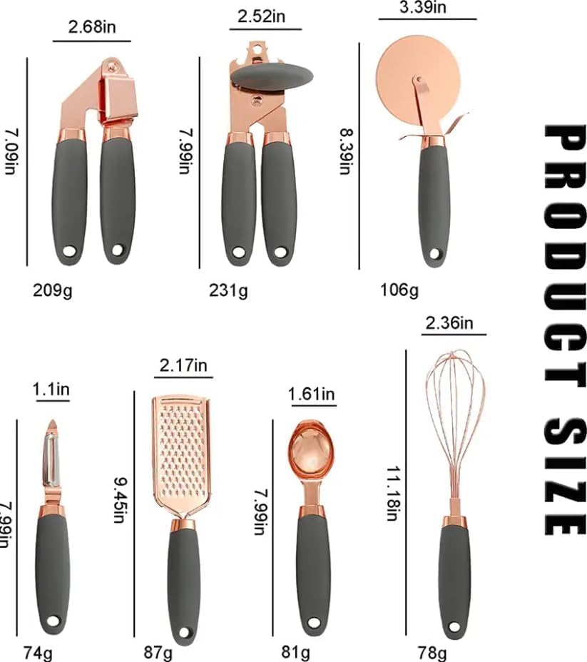 7-Piece Copper-Coated Stainless Steel Cooking Utensil Set with Soft Touch Black Handles