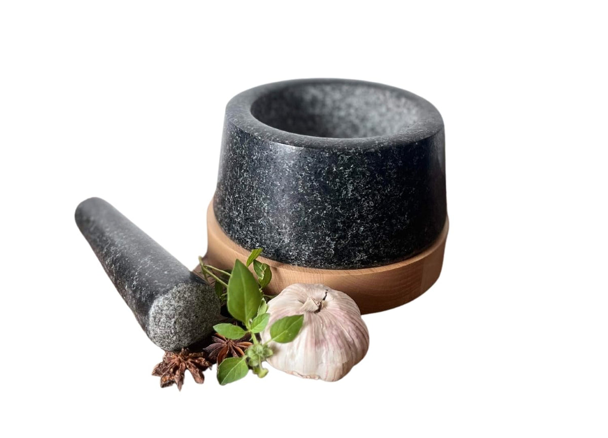 Mortar and Pestle Stone and Bamboo Set For Grinding Spices and Herbs 500ml