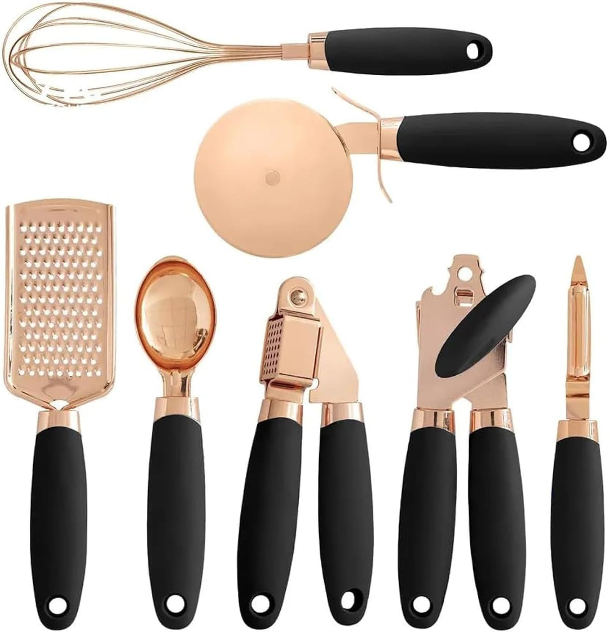 7-Piece Copper-Coated Stainless Steel Cooking Utensil Set with Soft Touch Black Handles