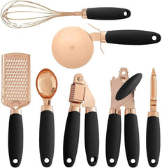 7-Piece Copper-Coated Stainless Steel Cooking Utensil Set with Soft Touch Black Handles