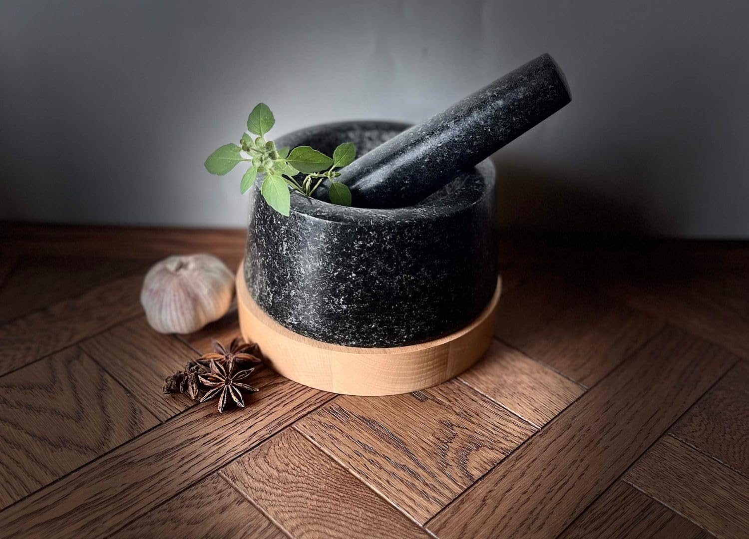 Mortar and Pestle Stone and Bamboo Set For Grinding Spices and Herbs 500ml